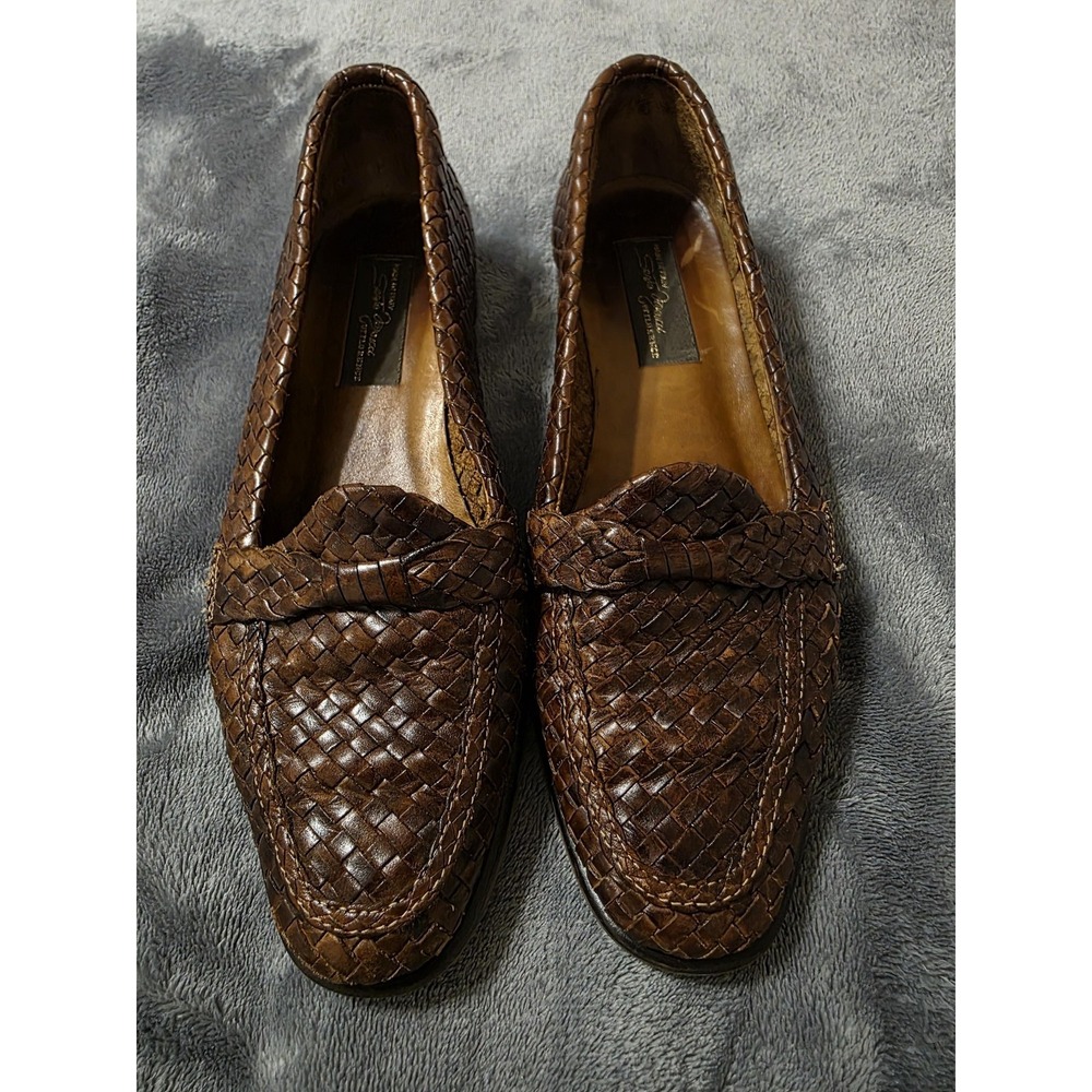 Sesto Meucci Shoes Mens Size 10 Brown Woven Leather Slip On Oxford Square Toe